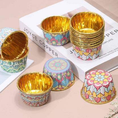 HARFINGTON 50 Pcs Cupcake Baking Liners 3.5 oz Foil Cupcake Liners Gold Little Baking Cups Bohemian Style for Birthday Party Wedding Festival, Blue/Pink