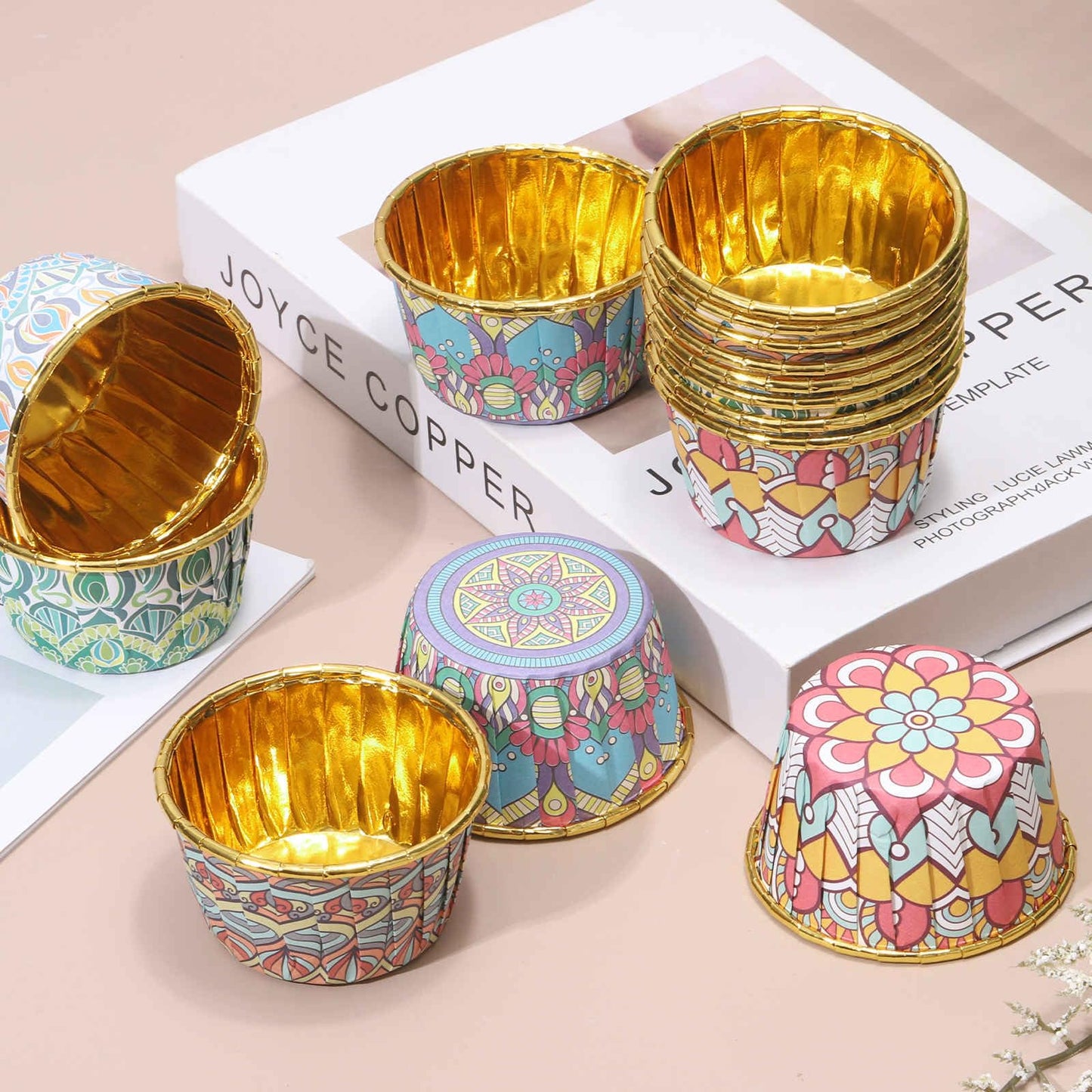 HARFINGTON 150 Pcs Cupcake Baking Liners 3.5 oz Foil Cupcake Liners Gold Little Baking Cups Bohemian Style for Birthday Party Wedding Festival, Dark Pink/Yellow