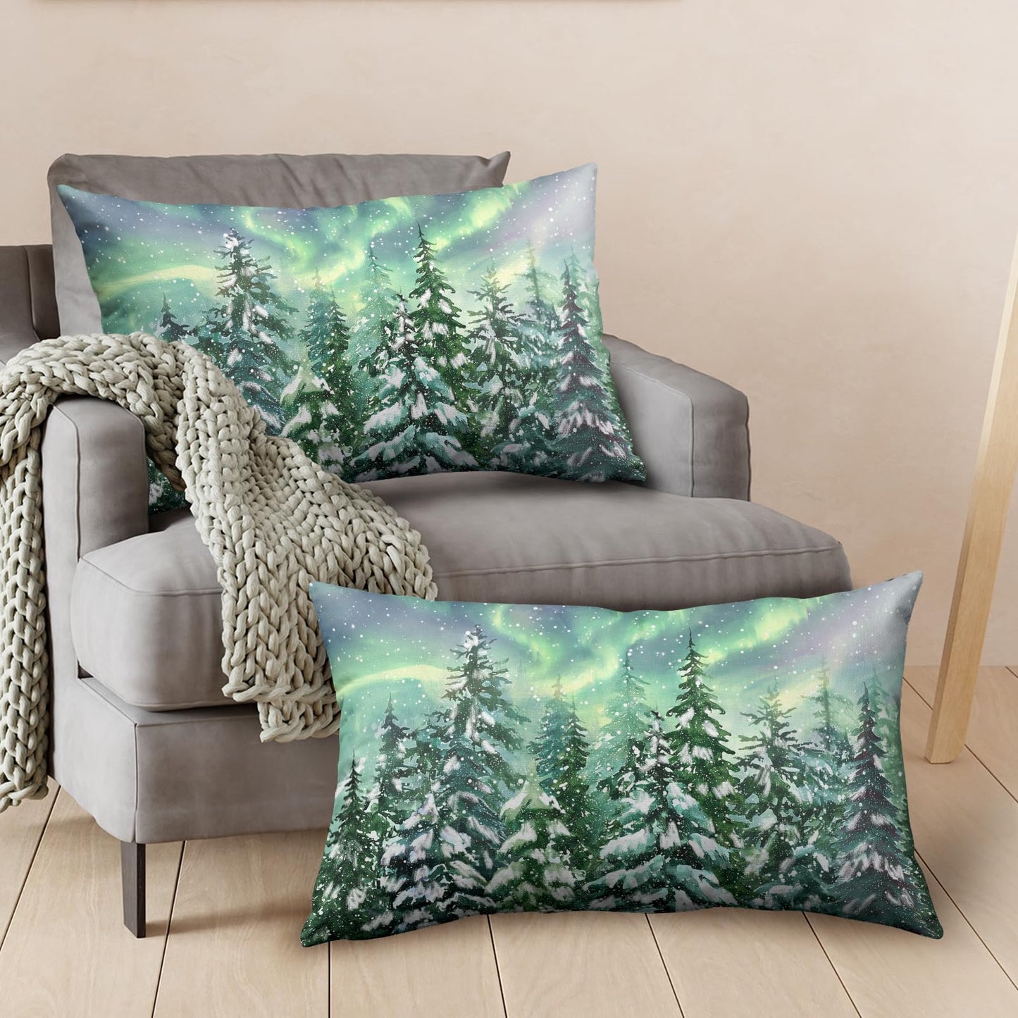 Kwlegh Winter Aurora Lumbar Pillow Covers 12x20 Set of 2 Snowy Pine Tree Throw Pillow Covers Green Polar Light Forest Pillow Case Rectangular Cushion Case for Home Decor Couch Sofa