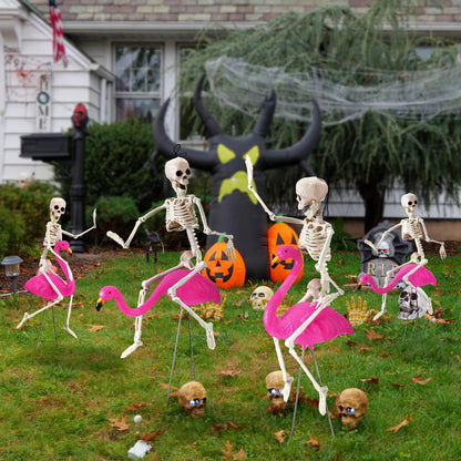Simgoing 8 Pcs Halloween Skeleton Flamingo Decoration Outdoor Yard Ornament 15.7" Plastic Skeleton Decor with Posable Legs Flamingo Statue Decor for Yard Garden Lawn(Pink,M,Classic)