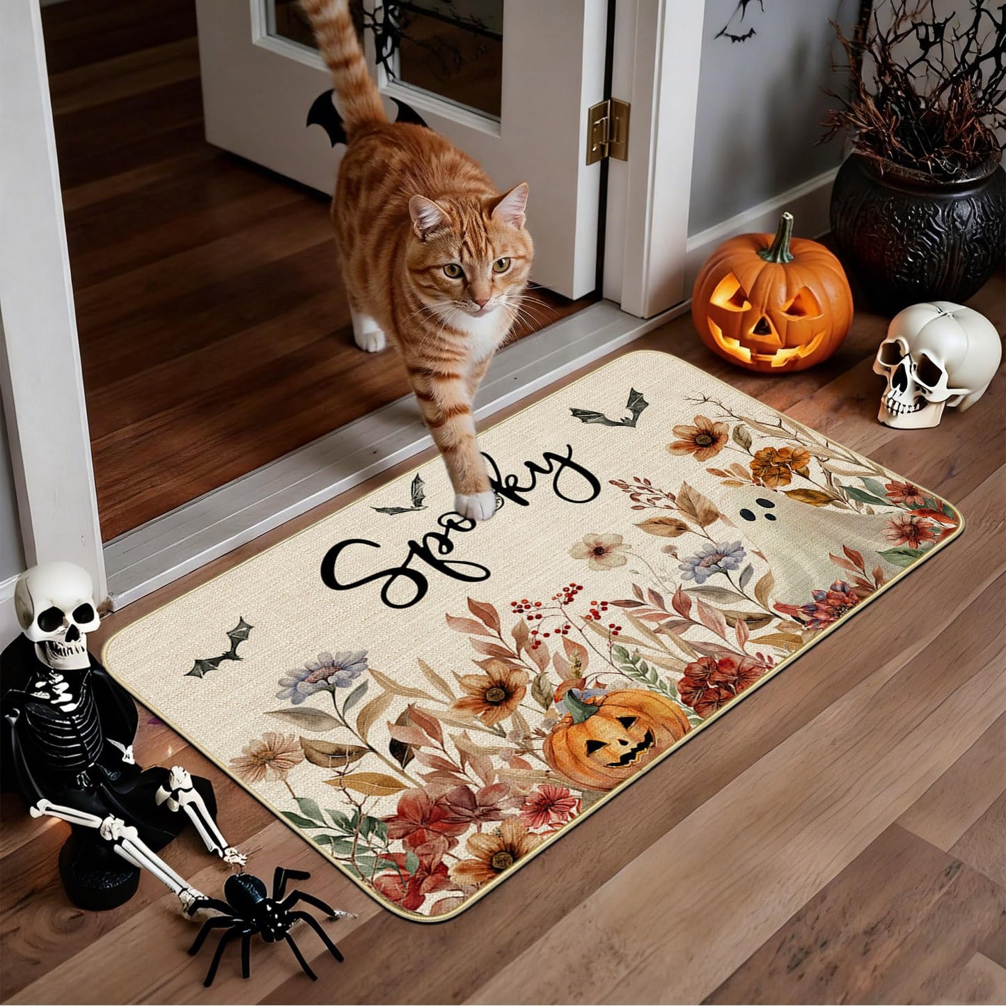 Mocsicka Halloween Kitchen Mats Set Spooky Ghost Pumpkin Kitchen Rug Gothic Floral Spider Bats Kitchen Mat for Halloween Kitchen Decor Non-Slip Washable Ghost Rug, 17 X 29 and 17 X 47 Inch