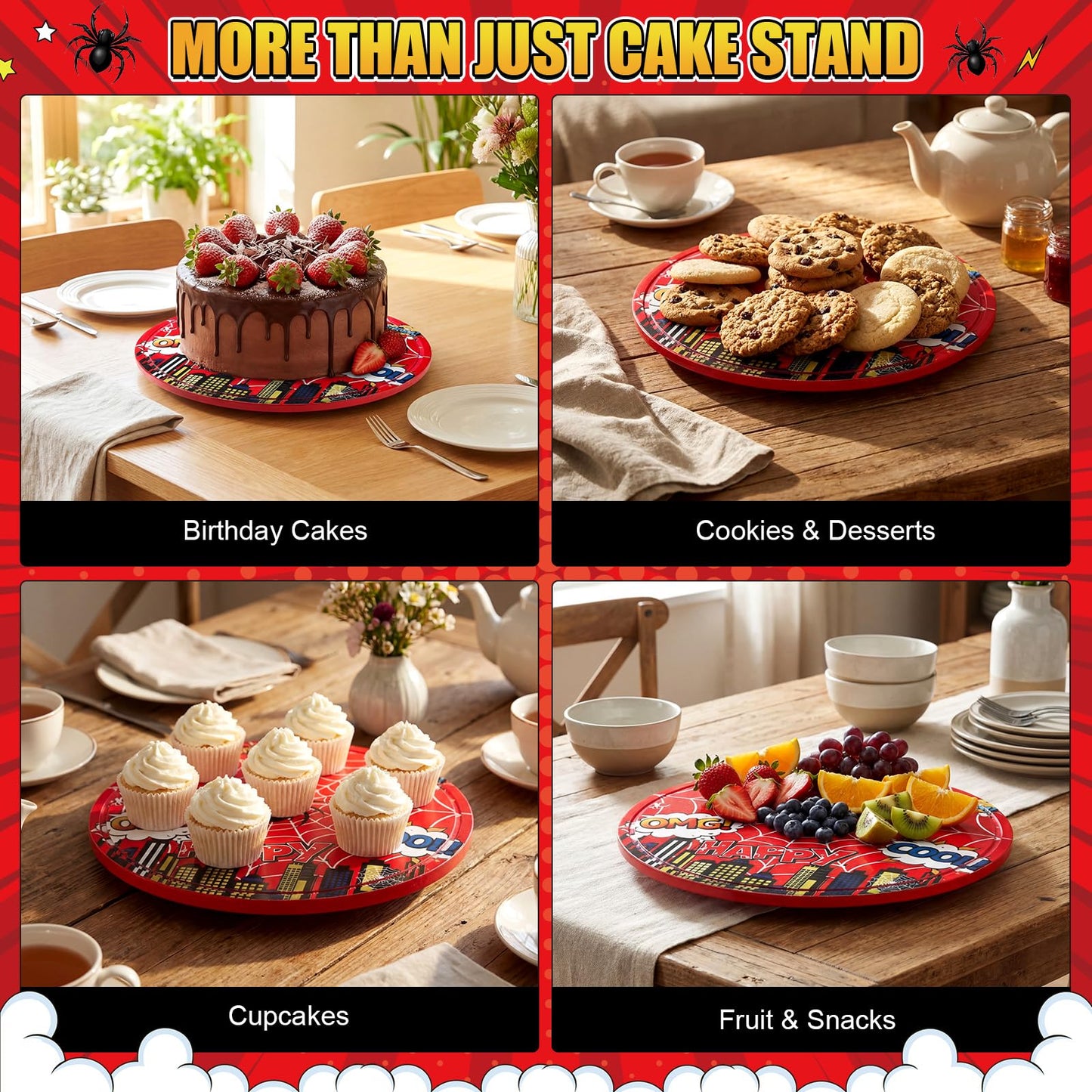 Yiyiring 11 Inch Spider Rotating Cake Stand, Spider Party Cupcake Dessert Display with Non-Slip Base Round Spinning Cake Holder Charcuterie Board Server Tray for Party Wedding Birthday