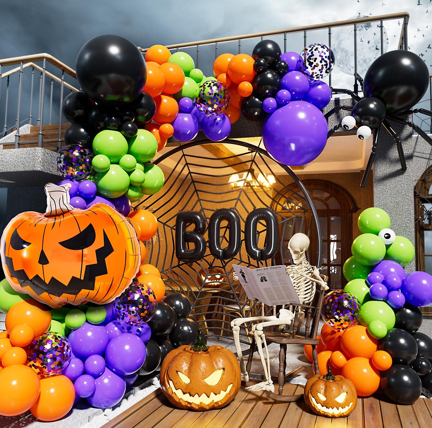 Halloween Balloons Garland Arch Kit,126pcs DIY Halloween Party Balloon With Black,Orange,Purple,Fruit Green,Confetti,Balloons,Boo,Spider,Pumpkin Foil Balloon for HalloweenParty Decorations Indoor