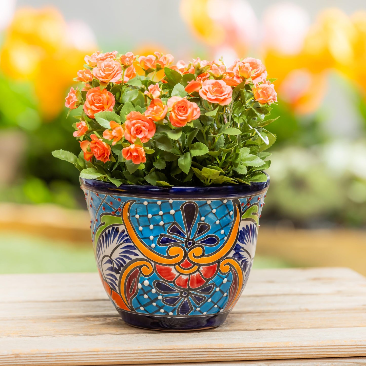 Evergreen 7 inch Talavera Mexican Pottery Ceramic Green Detailed Baul, Set of 2, Flower Pot Plant Succulent, Indoor Outdoor