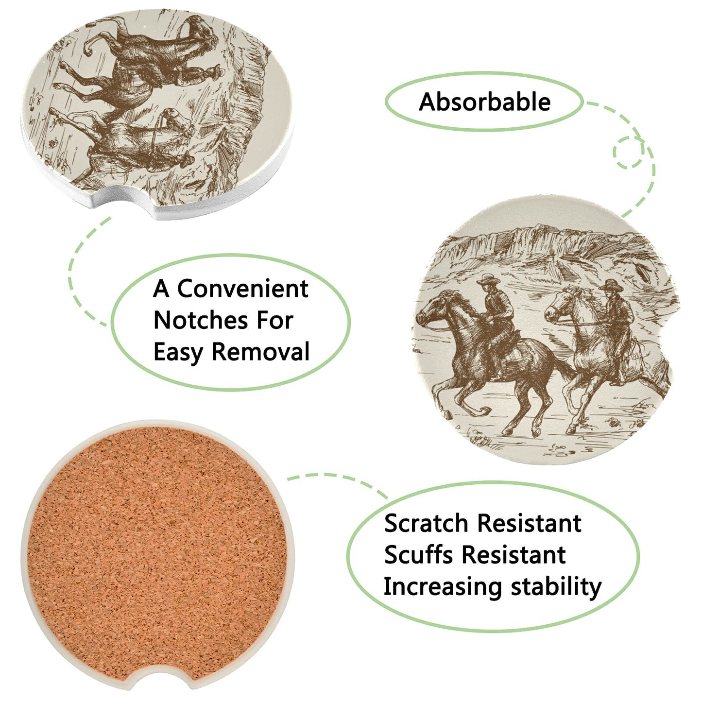 xigua Absorbent Car Coasters 2 Pack, Ceramic Coaster with Cork Back and Finger Slot, Western Desert Cowboy Car Cup Coasters 2.56"