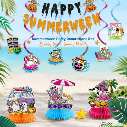 10PCS Happy Summerween Party Decorations Kit, Glitter Summer Halloween Banner Hanging Swirls and Honeycomb Centerpieces Table Decor for Summerween Pool Beach Party Supplies