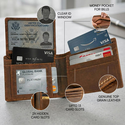 Cuir Jackets Top Grain Leather Wallet for Men | RFID Blocking Genuine Leather Wallets for Men | Secure and Durable Extra Capacity Bifold Wallet with 2 ID Windows and Upto 9 Card Slots (Brown)