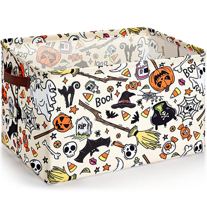 Seeloowy Halloween Ghost Basket with Handles Boo Pumpkin Bat Horror Storage Bin White Spooky Large Foldable Toy Laundry Storage for Halloween Room Car Decoration Bucket Laundry Box