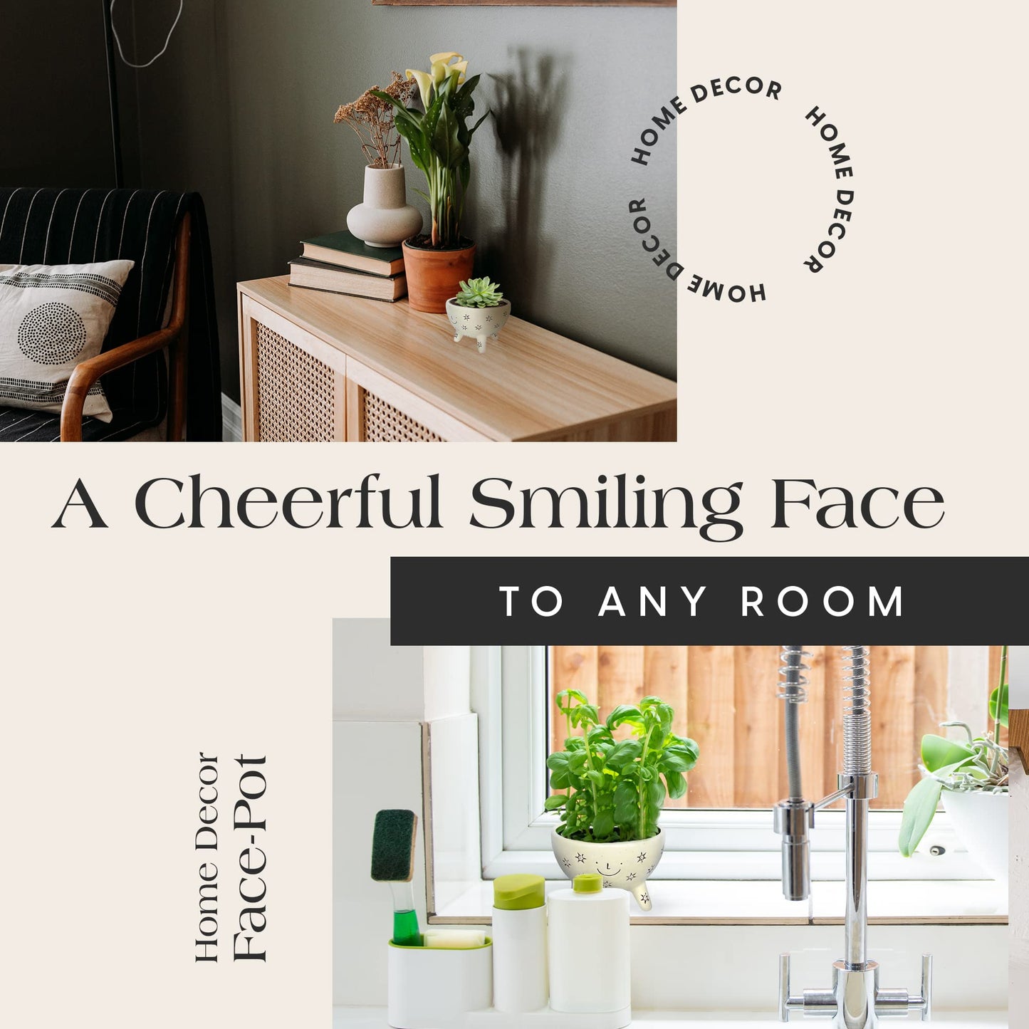 SLS SUPPLY FLORA Facepot Ceramic Planter with a Smiling Face, Succulent and Flower Pot for Home and Office, Cute Plant Vase for Indoor Gardening, 5.63 (W) x 3.75 (H) inches