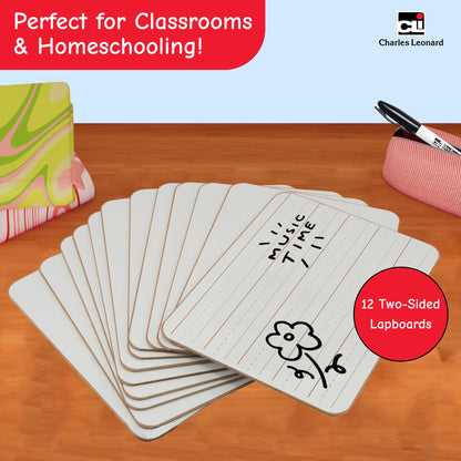 Charles Leonard Dual-Side Mini Dry Erase Boards, Classroom Pack of Mini Lapboards, Set of 12, Plain and Lined Sided Dry Erase White Boards, 9x12 Inches (35120)