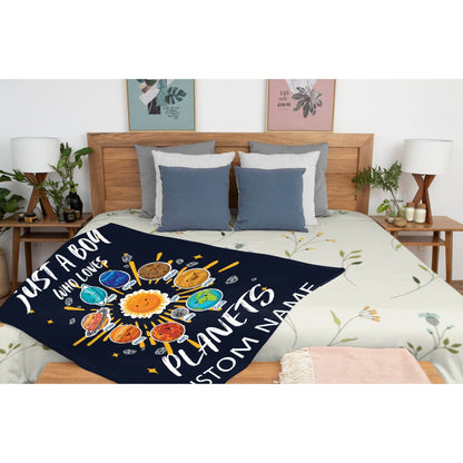 ARTBLANKET Just A Boy Who Loves Planets & Solar Throw Blanket Fannel Fleece Super Soft Funny Blanket Travel Throw Blanket for Bed Couch Sofa Custom Name
