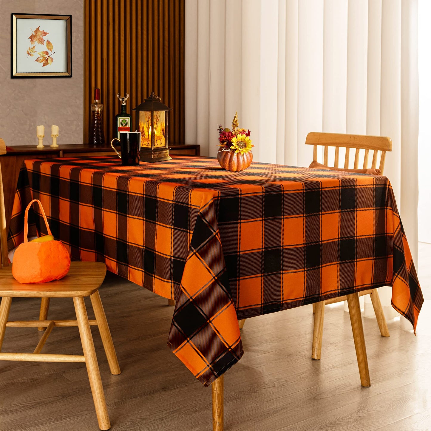 MikiUp Checkered Rectangle Halloween Tablecloth - Waterproof, Wrinkle Resistant and Washable Gingham Table Cloth Decorative Table Cover for Party, Orange/Black 60 x 84 Inch