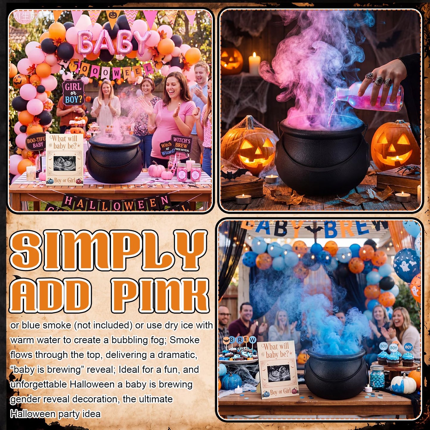 Pinkunn Halloween Black Jar Gender Reveal Games Decoration Set with Ultrasound Photo Frame Plastic Jar Witch Party Spooky What Will Baby Be Table Centerpiece Decor Theme Prop