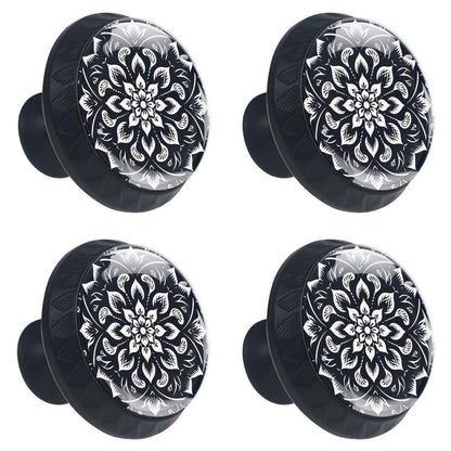 CWAGFEQZ 4-Pc Round Drawer Pulls and Knobs,Handles for Cabinets and Drawers,Black White Floral Flower Closet Door Knobs