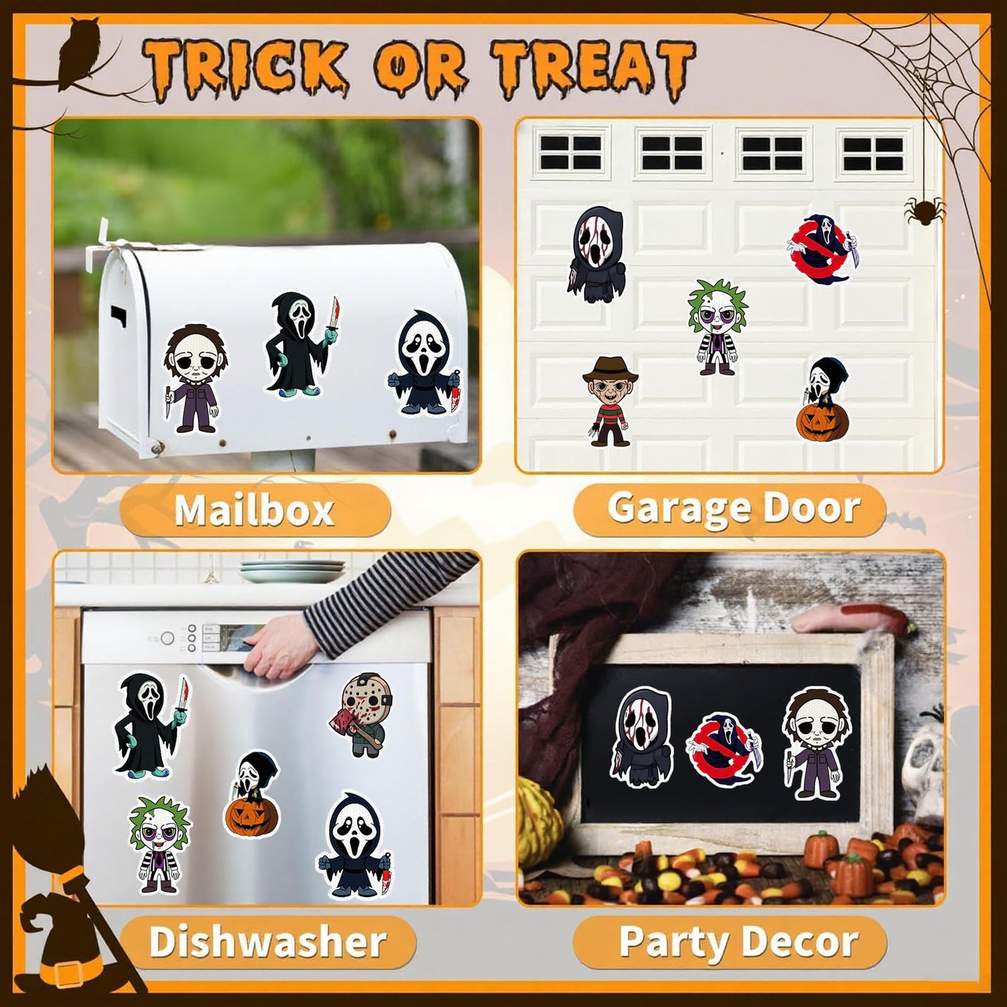 ROMINVIC Halloween Car Magnet Decorations 9 Pcs,Ghost Face Magnetic Car Decals,Garage Door Stickers Decors, Glow in The Dark Holiday Magnet for Fridge