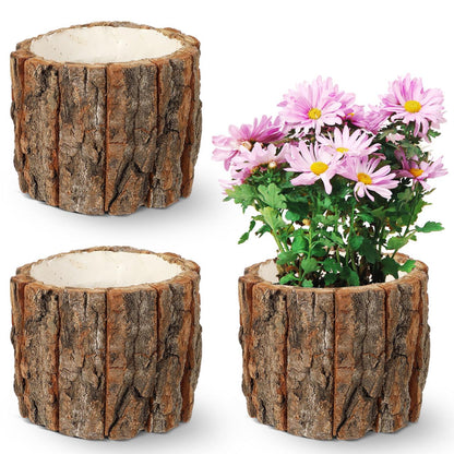 DECHOUS 3Pcs Wood Stump Flower Pots - Rustic Tree Bark Plant Pot Table Centerpieces Vase Flower Stump Bucket Planter for Home Farmhouse Decor Indoor Garden Decoration