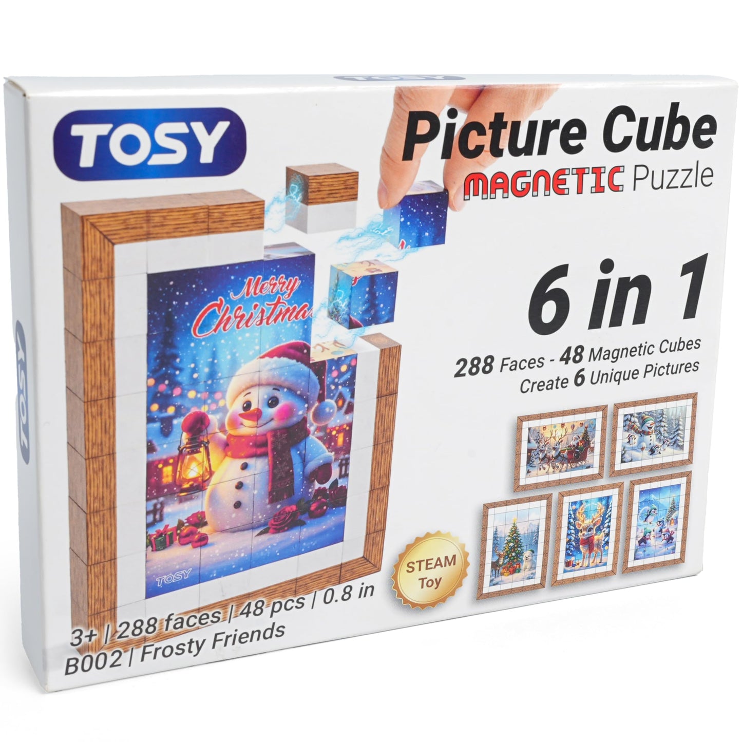 TOSY Picture Cube Frosty Friends: 6-in-1 Magnetic Picture Puzzle, 48 Blocks, 288 Faces/Magnets, 0.8 in, B002, Seamless UV Art, Display-Ready Frame, Collectible, STEM/STEAM Gift for Kids & Adults