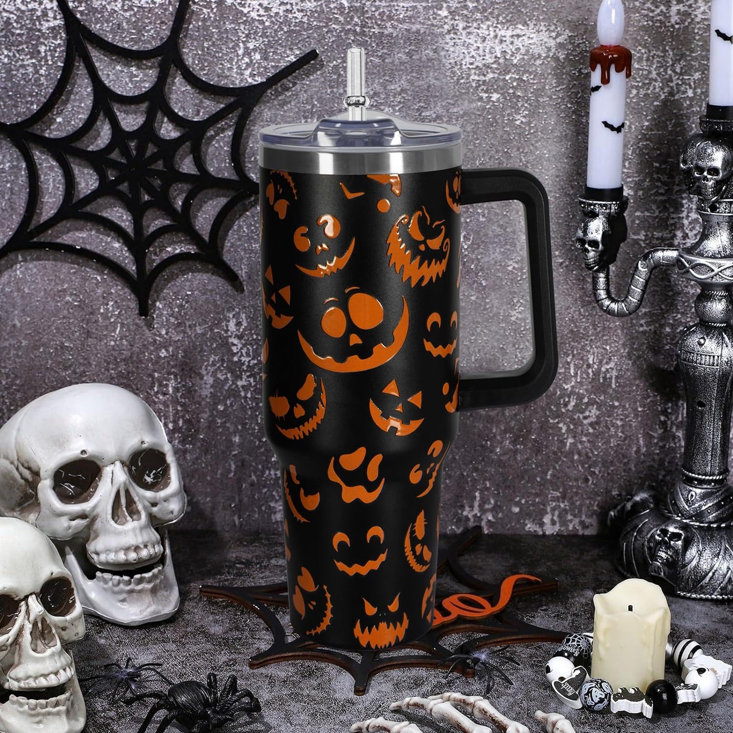CHOKOMETRY 40 oz Halloween Tumbler With Handle Lid and Straw,5D Orange Pumpkin Ghost Face Print Tumblers,Halloween Stainless Steel Insulated Travel Mug Black Coffee Cup Gifts for Women Men Adults
