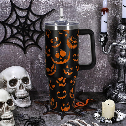 CHOKOMETRY 40 oz Halloween Tumbler With Handle Lid and Straw,5D Orange Pumpkin Ghost Face Print Tumblers,Halloween Stainless Steel Insulated Travel Mug Black Coffee Cup Gifts for Women Men Adults