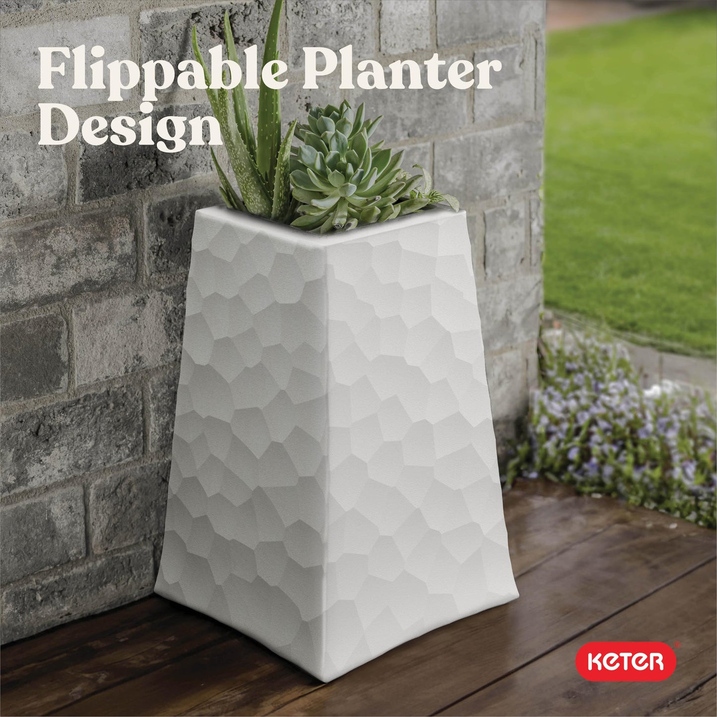 Keter Stone Tapered Planter Set of 2, Tall 26.4‑Inch Resin Outdoor Flower Pots with Stone‑Look Finish and 12.2‑Gallon Capacity, Cream