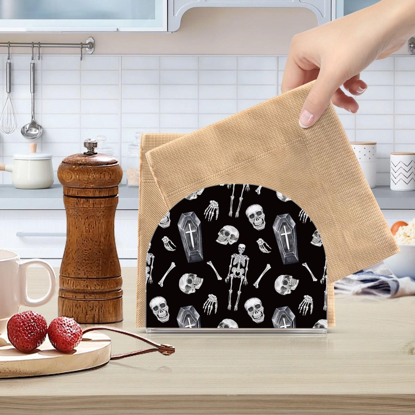 YNNALE Gothic Skull Skeleton Coffin Black Napkin Holder for Table Acrylic Cocktail Napkin Holders Decorative Tissue Dispenser Vertical Napkin Holder for Home Decor Kitchen Dining
