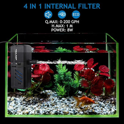 Submersible Aquarium Internal Filter 6W, Adjustable Fish Tank Filter with 132 GPH Water Pump for 1-10 Gallon Fish Tank
