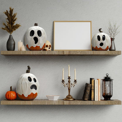 Halloscume 3 Pcs Halloween Ghost Pumpkins Figurines Table Decorations 5.91" 3.94" and 5.12" Resin Pumpkins Statue Tabletop Signs Halloween Decor for Party Shelf Mantel Centerpieces Indoor