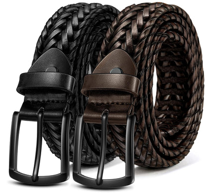 BULLIANT Men Belt 2Pack,Braided Woven Leather Belt For Men Golf Casual Jeans 1 3/8"(Black/Deep Brown,26"-30" Waist Adjustable)