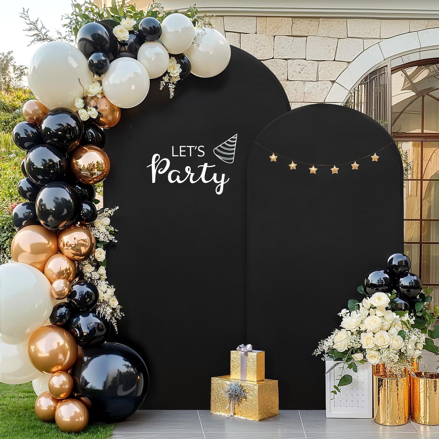 Set of 2 Black Halloween Arch Covers (7.2ft & 6ft) Spandex Stretchy Fitted Arch Backdrop Covers Wrinkle-Free Round Top Chiara Arch Stand Cover for Halloween Wedding Birthday Party Banquet Background