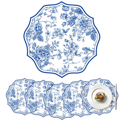 Blue Floral Faux Leather Placemats Set of 6 Round Scalloped Chinoiserie Placemats 13 Inch Waterproof Flower Table Mats Heat Resistant for Dinner Table Setting Wedding Bridal Shower Party Decor