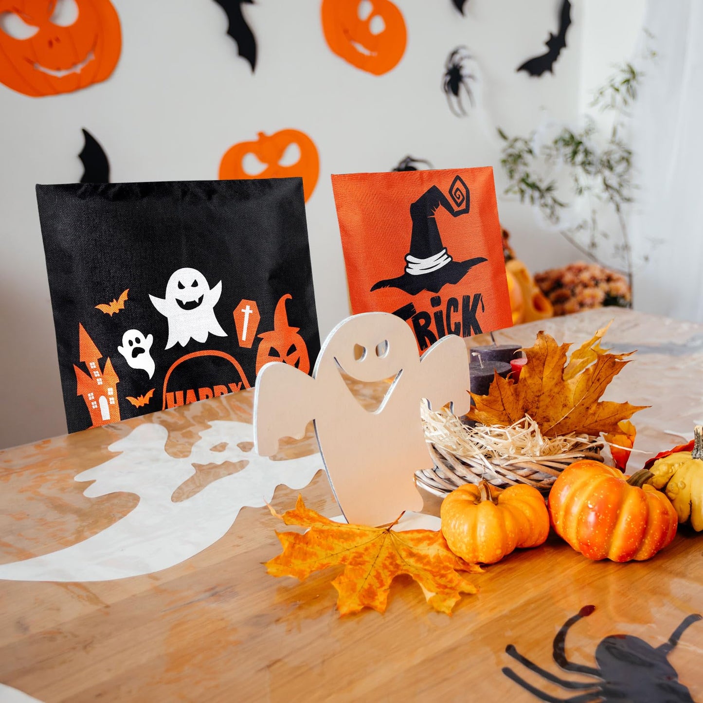 Whaline 4 Pack Happy Halloween Chair Covers Spooky Chair Back Covers Halloween Ghost Witch Bat Dining Room Seat Covers Orange Black Chair Slipcovers for Home Dining Room Kitchen Halloween Party