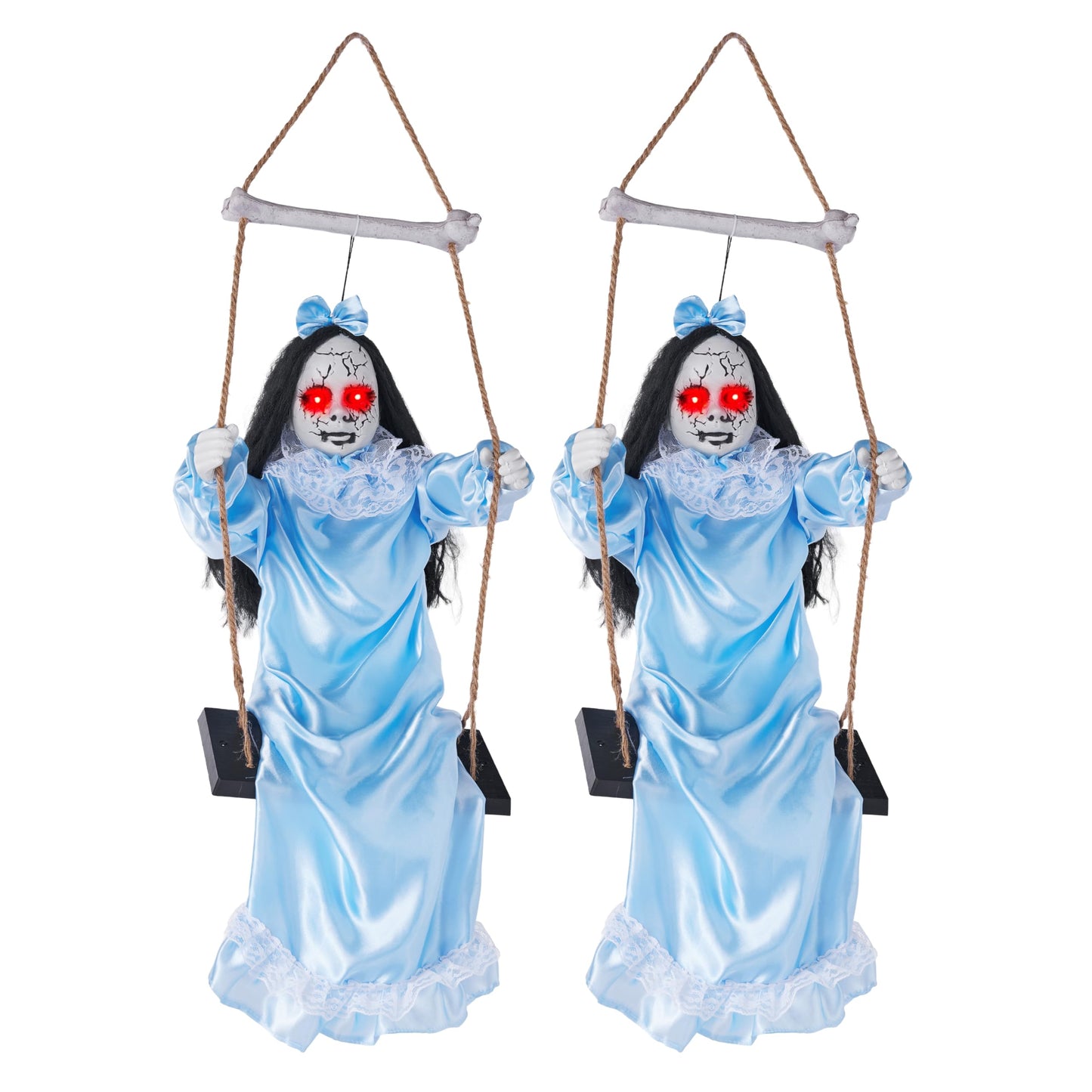 JOYIN 2 Pcs Hanging Ghosts Halloween Decorations Outdoor, 3ft Blue Swinging Creepy Sister Ghost with LED Red Light Eyes Creepy Girl Twins Doll Decor for Indoor Flying Props for Yard Patio Lawn Garden