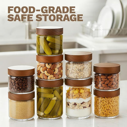 Bumobum 16oz+8oz Overnight Oats Containers with Lids, Glass Mason Jars with Acacia Wood Airtight Lid, Wide Mouth Glass Canisters for Food Storage Chia Pudding Snacks Yogurt Spice Meal Prep, 8-Pack
