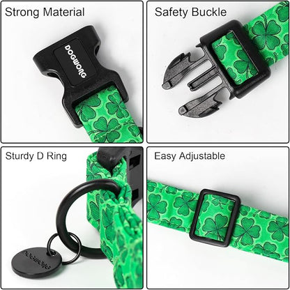 DOGWONG St. Patrick's Day Dog Collar, Green Lucky Clover Shamrock Green Dog Collar Soft Durable Adjustable Costume St. Patrick's Day Lucky Charm Puppy Collar for Small Medium Large Dog