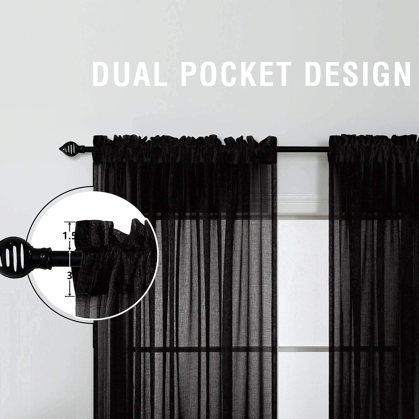 KOUFALL Sheer Black Curtains for Bedroom 2 Panels,Boho Window Curtains for Bathroom Kitchen Living Room 63 Inch Length
