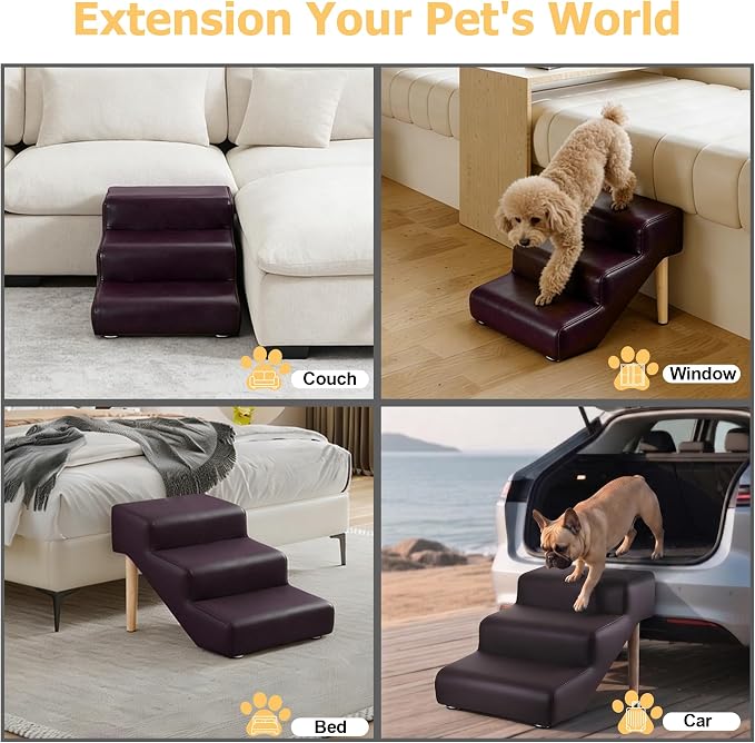 3-Step 15.7" H Dog Stairs for Bed Couch, Waterproof & Scratch PU Leather Pet Steps for Small Dogs and Cats, Dog Ramp with 220 lbs Maximum, Oak Leg & Solid Wood, Non-Slip Feet Brown