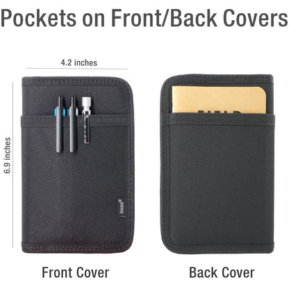 Krozur Journal Cover for 3.5”x5.5” Field Notes & Moleskine Cahier, YKK Zippers, Pocket Notebook Cover with Pen Holder, 3.5” x 5.5” Field Journal Planner Sketchbook Cover, Water Resistant, Black