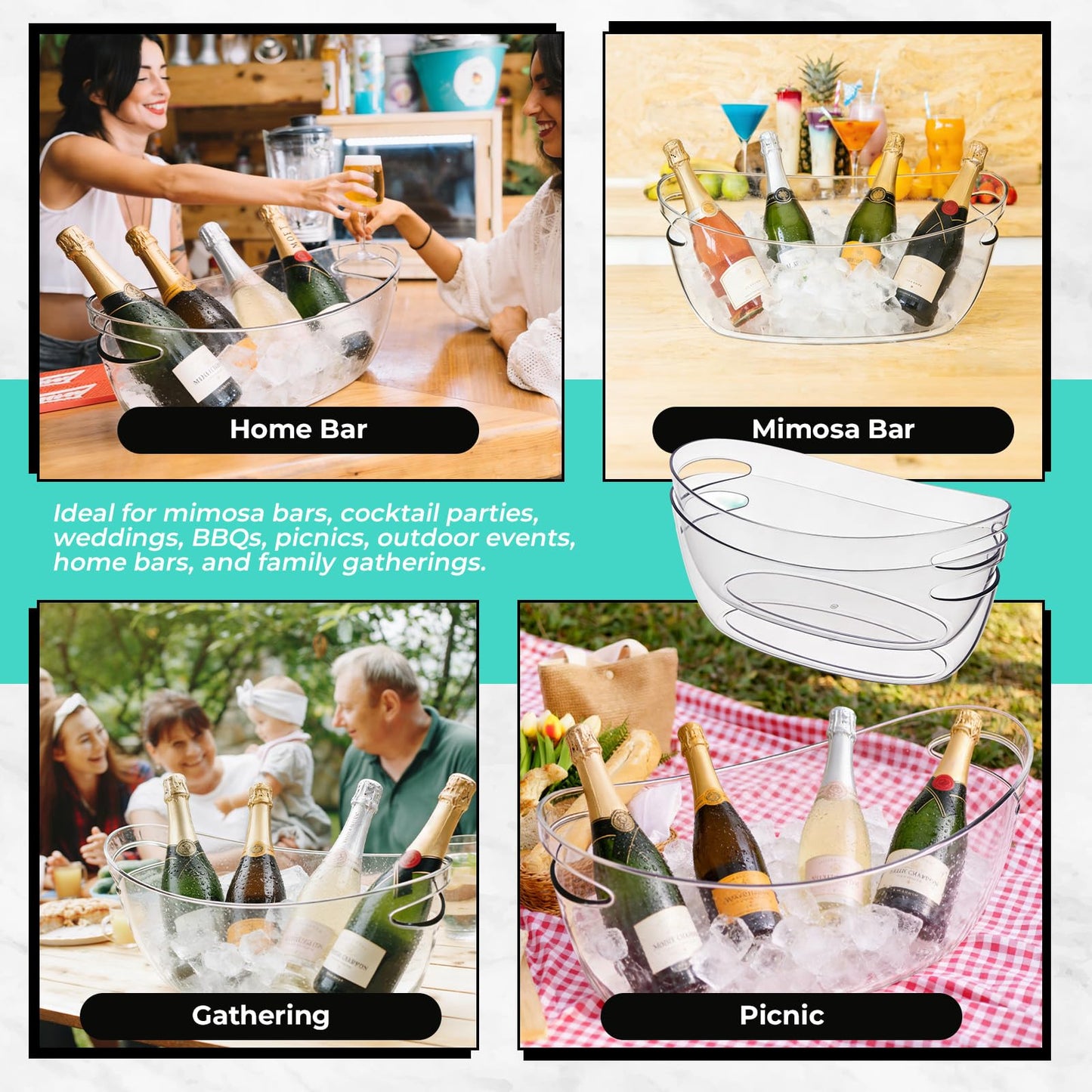 FLKQC Ice Buckets 2-Pack, 5L Large Clear Acrylic Beverage Tubs with Scoops, Plastic Champagne Wine Beer Cooler for Parties, Mimosa Bar, Cocktail & Outdoor Events, Beverage Cooling Buckets