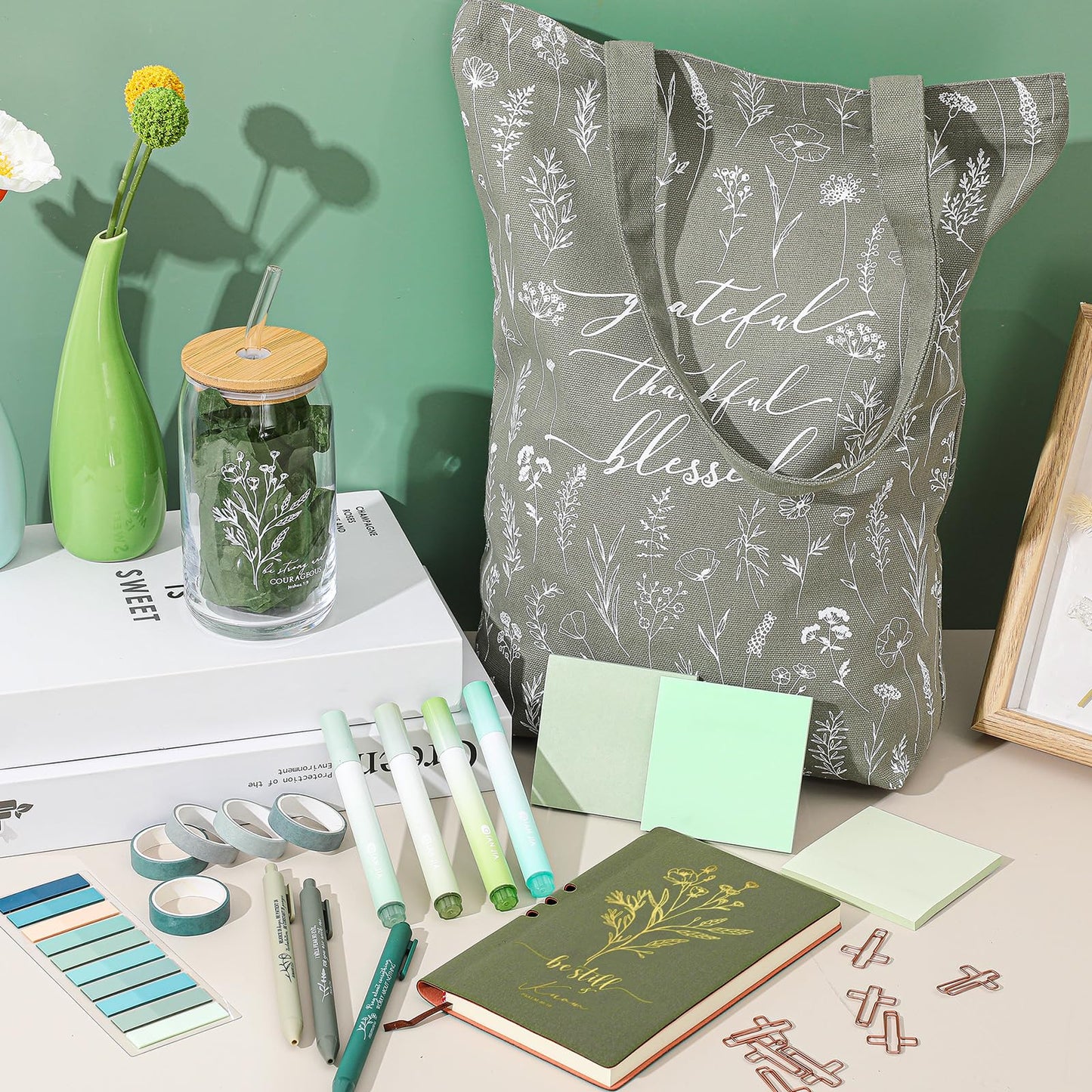 Singhoow 29 Pcs Bible Journaling Supplies Kit 16 oz Glass Cup Canvas Bag Leather Notebook Highlighters Pens Sticky Note Tapes Bible Study Supplies for Women Sunday School Teacher(Green, Boho)