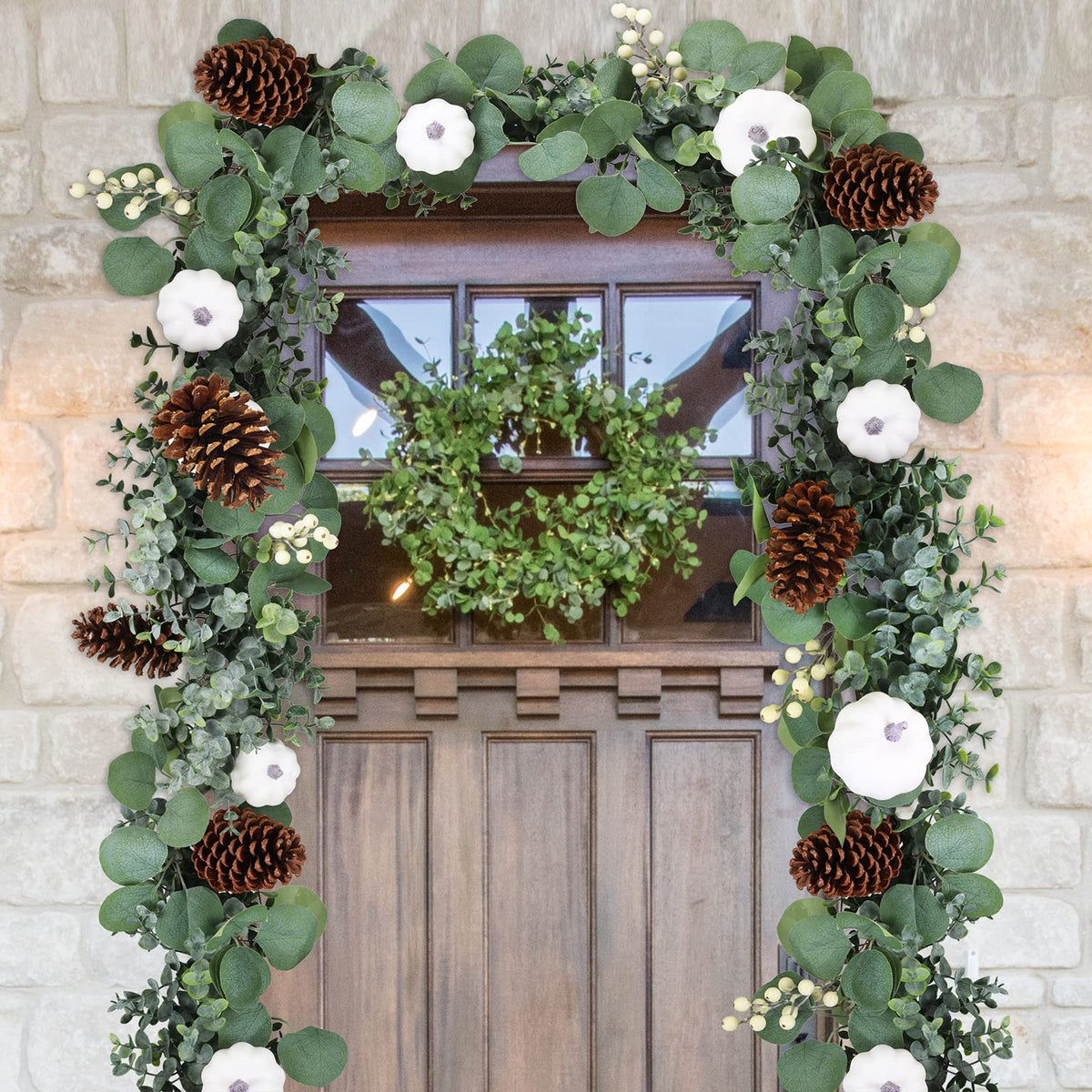 Winlyn Fall White Pumpkin Artificial Eucalyptus Garland with Pumpkins Pinecones Berries - Fall Decor, 5.9' L - Farmhouse Wedding Arch Backdrop, Thanksgiving Mantel, Table Runner, Centerpiece