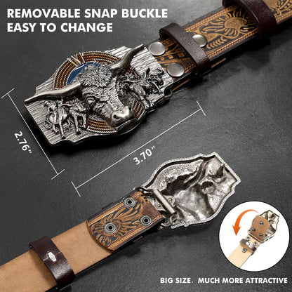 Evbopa Men's Western Cowboy Belt Mens Engraved Buckle Leather Belts for Jeans