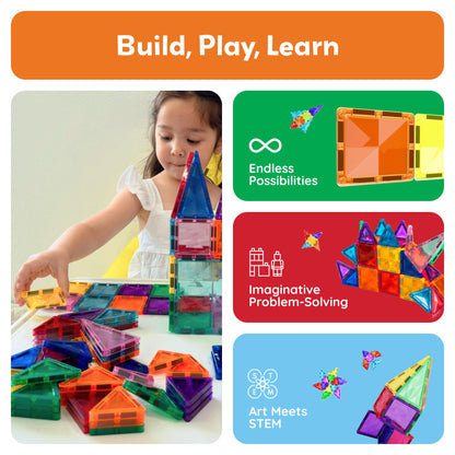 PicassoTiles 80 Pcs Magnetic Building Tiles Magnet Building Block Toys W/Car Diamond Educational Construction Playset Toy for STEM Sensory Gifts Kid Brain Development Stacking Blocks Construction Set