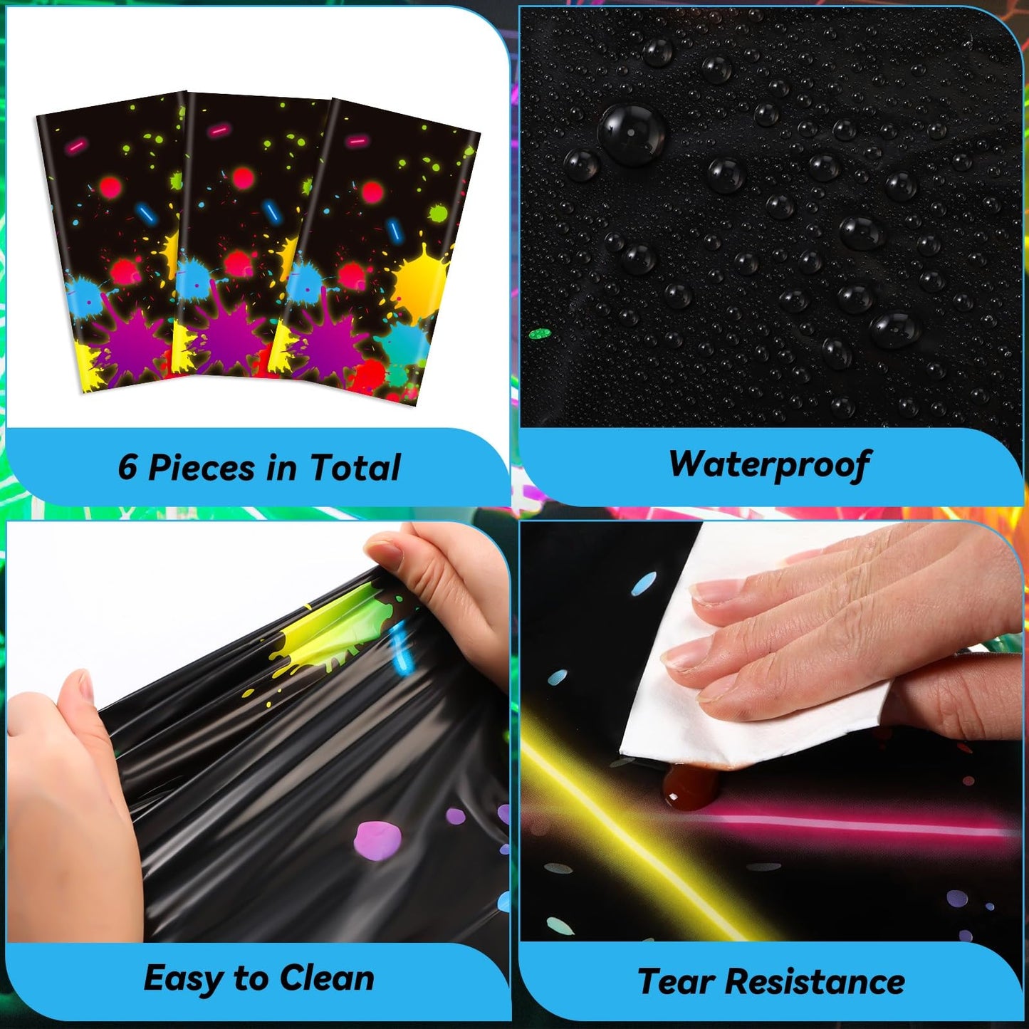 VitalCozy 6 Pcs 80s Neon Table Cloths for Parties Glow in The Dark Tablecloths 54 x 108 Inch Plastic Glow Party Table Covers for Halloween Birthday Black Light Party Supplies Decorations