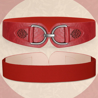 SANSTHS Vintage Women Stretchy Wide Belt Chunky Buckle Elastic Wide Waist Belts for Dresses Coats, Red S