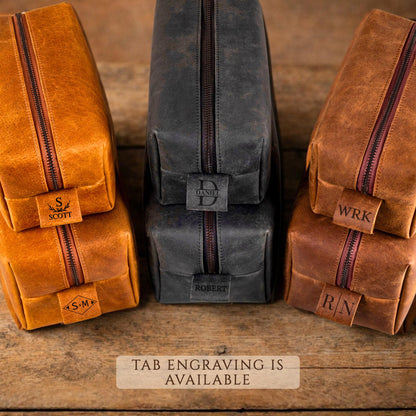 Personalized Leather Toiletry Bag for Men - Handmade Custom Travel Size Dopp Kit, Gift for Graduation, Husband, Boyfriend, Birthday, Wedding, Anniversary, Groomsmen, Grandpa, Him, Father’s Day Gifts