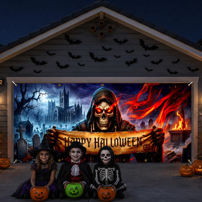 Halloween Garage Door Banner 13x6 FT Outdoor Decoration, Large Spooky Yard Decor Backdrop, Weatherproof Easy Install for Halloween Party (Funny Witch Cat Door Scene, 6 x 13 ft)