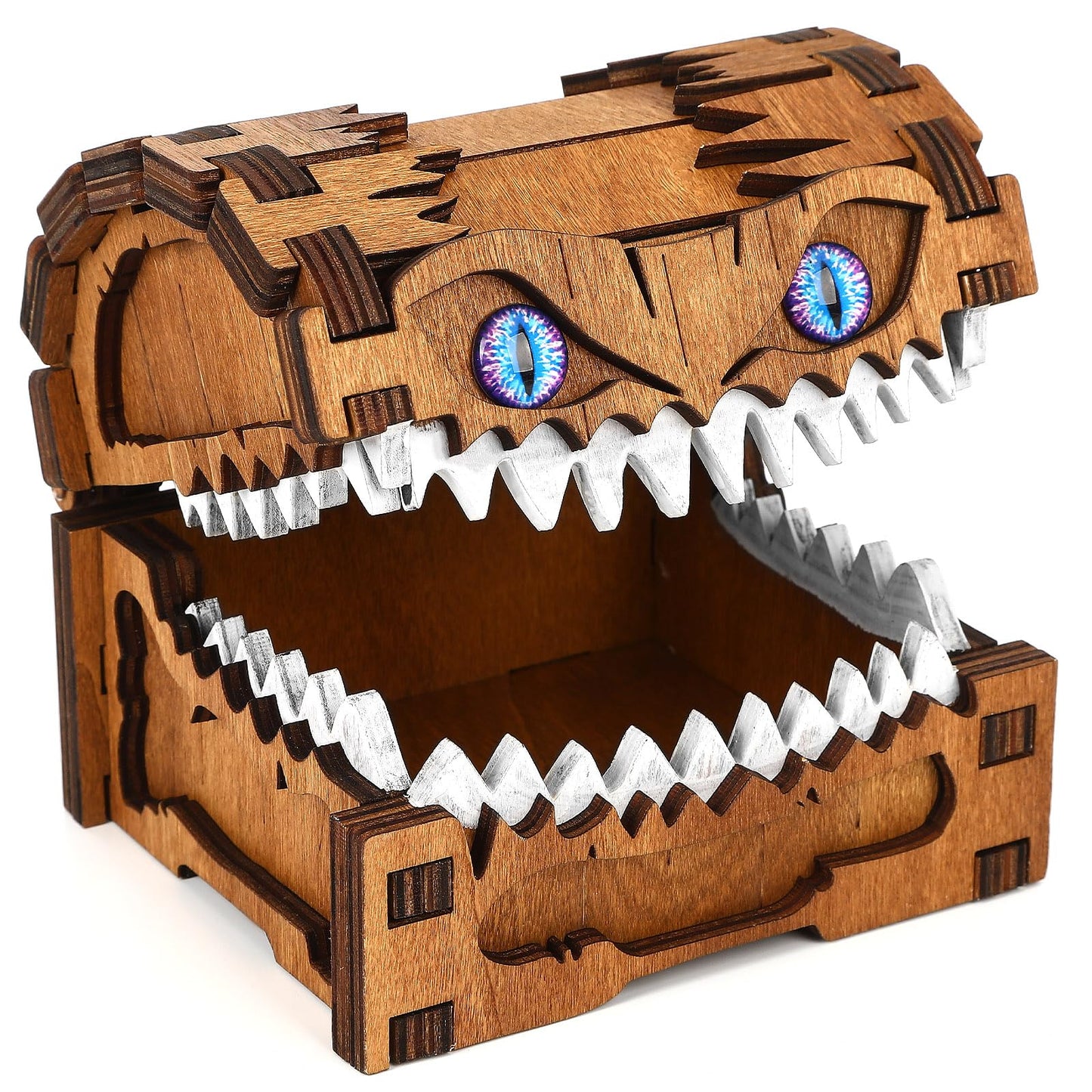 JULEASEL Mimic Dice Box – Wooden Monster Treasure Chest with Teeth & Blue Eyes, Halloween Desk Decor Creepy Box, Funny Dice Storage for Tabletop RPG & Fantasy Games (Starfang)