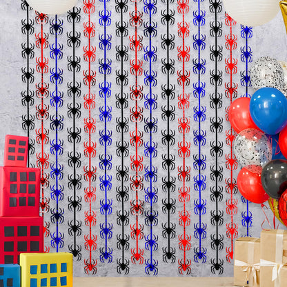 Bupelo Spider Web Birthday Decorations,2 Pack Red Black and Blue Spider Birthday Party Supplies 3.3 x 6.6ft Tinsel Foil Fringe Curtains Photo Booth Props Backdrop Streamers, House Room Decor for Boys