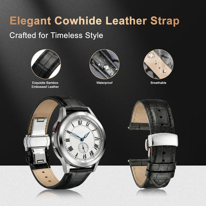 EREBUSE Genuine Leather Watch Strap 18mm 20mm 22mm, Classic Replacement Watch Band for Men Women, Soft Padded Cowhide with Silver Butterfly Deployment Clasp