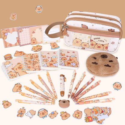 Similove Capybara Theme Backpack for School Girls, 35PCS Kids Backpack Set with School Supplies Stationery Kit Lunch Box Pencil Case, Cute Girls Bookbag for Kindergarten Elementary Student